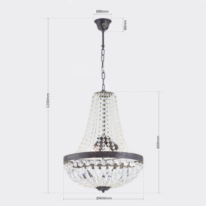 Lampadario di cristallo a sospensione con catena ARILA 3xE27/60W/230V diametro 40 cm marrone/patina