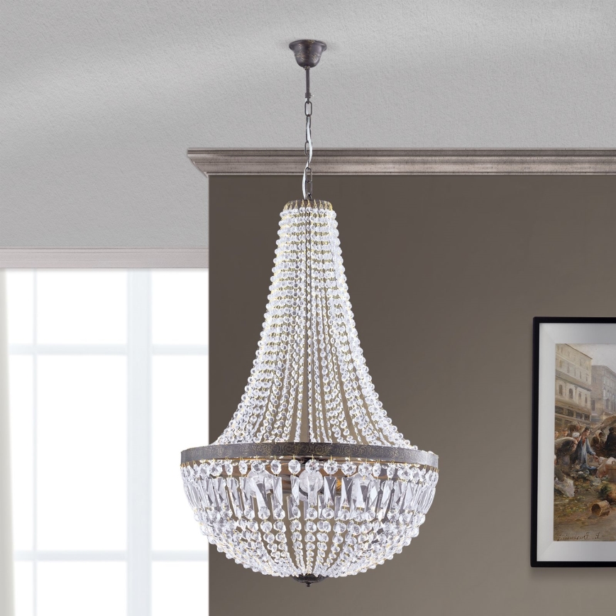 Lampadario di cristallo a sospensione con catena ARILA 6xE27/60W/230V diametro 60 cm marrone/patina