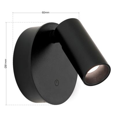 Faretto da parete LED LUXY dimmerabile, ricaricabile e a sfioramento LED/1W/5V 2200 mAh 2700/3000/4000K nero