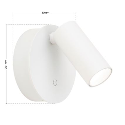 Faretto da parete LED LUXY dimmerabile, ricaricabile, a sfioramento, LED/1W/5V, 2200 mAh, 2700/3000/4000K, bianco