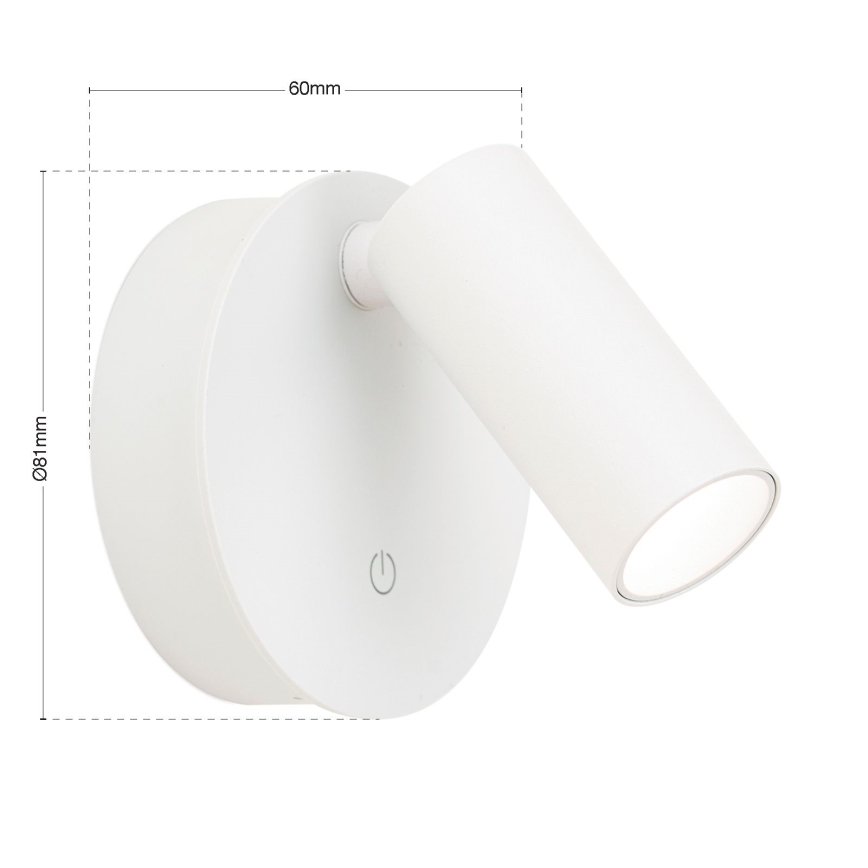 Faretto da parete LED LUXY dimmerabile, ricaricabile, a sfioramento, LED/1W/5V, 2200 mAh, 2700/3000/4000K, bianco