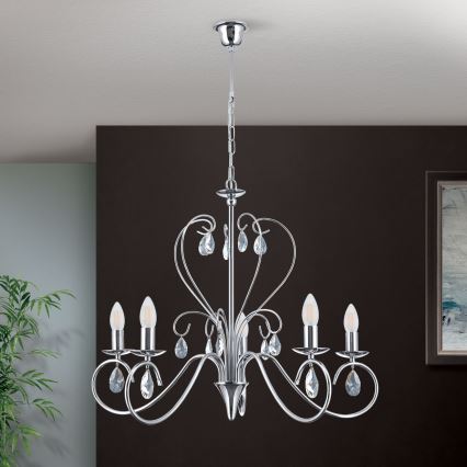 Lampadario di cristallo a sospensione con catena ALESSIA 5xE14/40W/230V cromo lucido