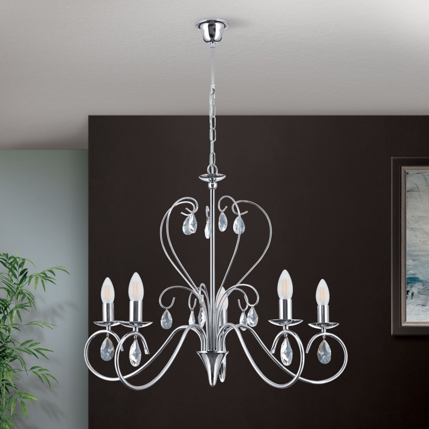 Lampadario di cristallo a sospensione con catena ALESSIA 5xE14/40W/230V cromo lucido