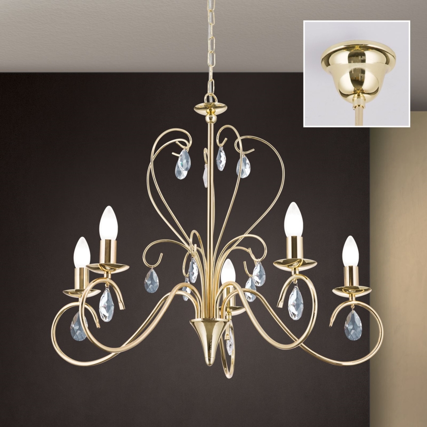 Lampadario di cristallo a sospensione con catena ALESSIA 5xE14/40W/230V oro