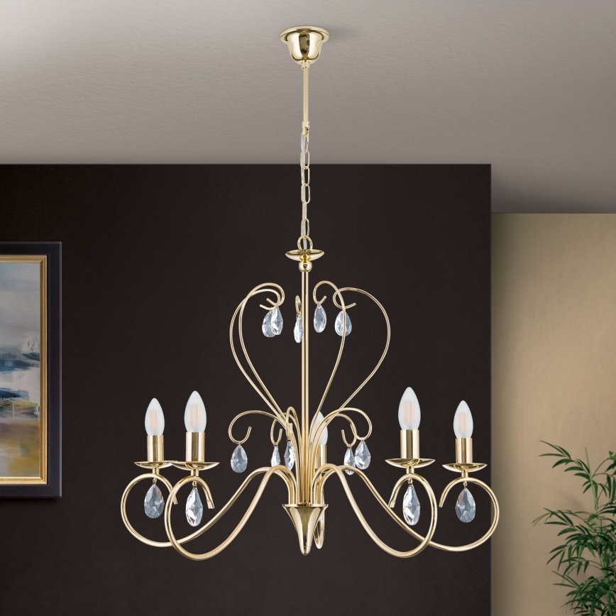 Lampadario di cristallo a sospensione con catena ALESSIA 5xE14/40W/230V oro