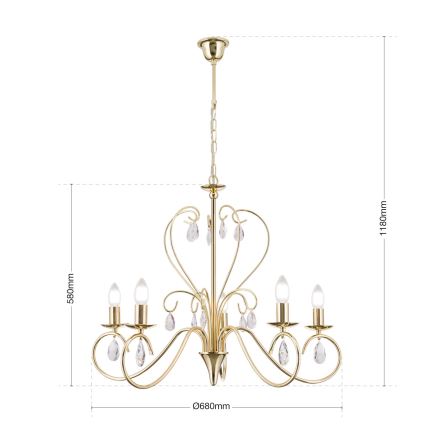 Lampadario di cristallo a sospensione con catena ALESSIA 5xE14/40W/230V oro