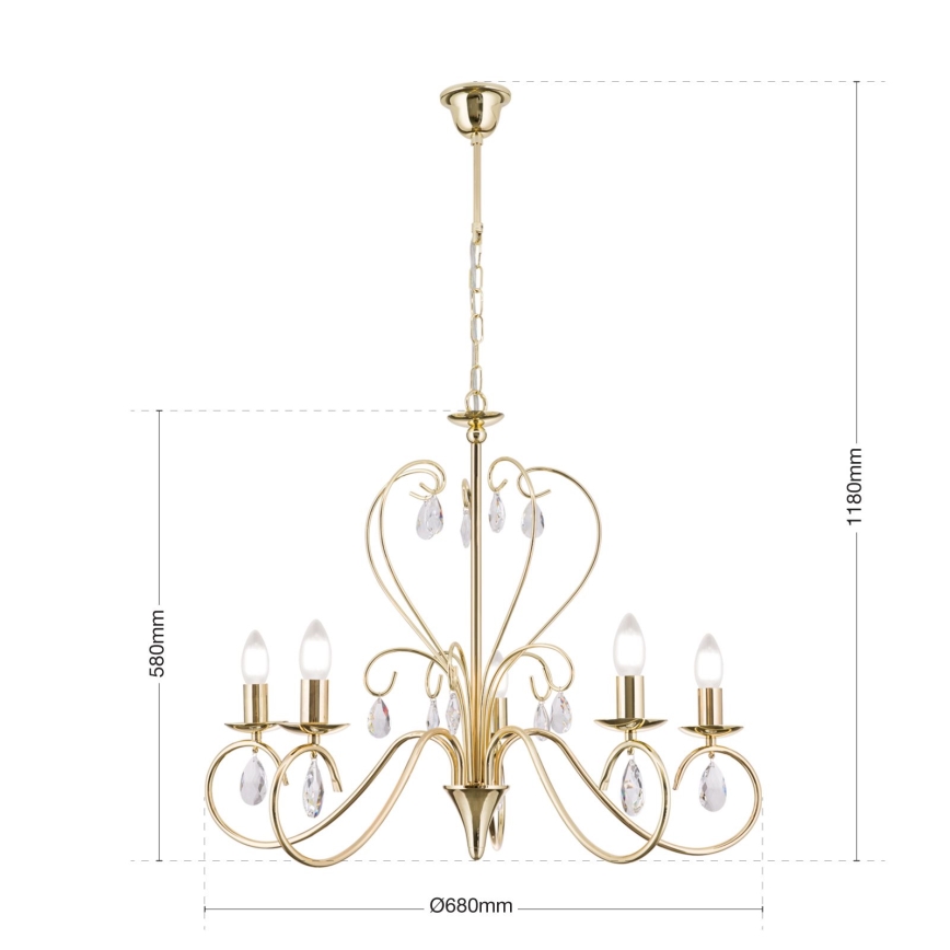 Lampadario di cristallo a sospensione con catena ALESSIA 5xE14/40W/230V oro