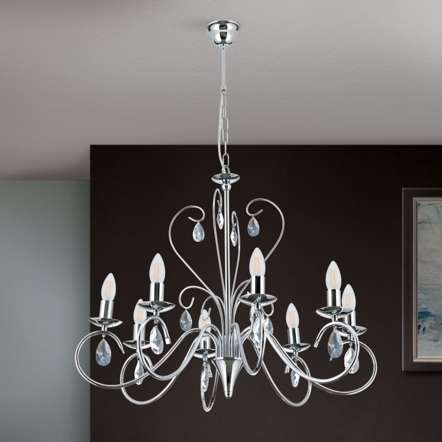 Lampadario di cristallo a sospensione con catena ALESSIA 8xE14/40W/230V cromo lucido