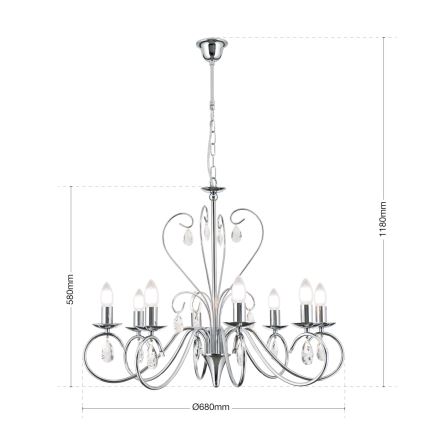 Lampadario di cristallo a sospensione con catena ALESSIA 8xE14/40W/230V cromo lucido