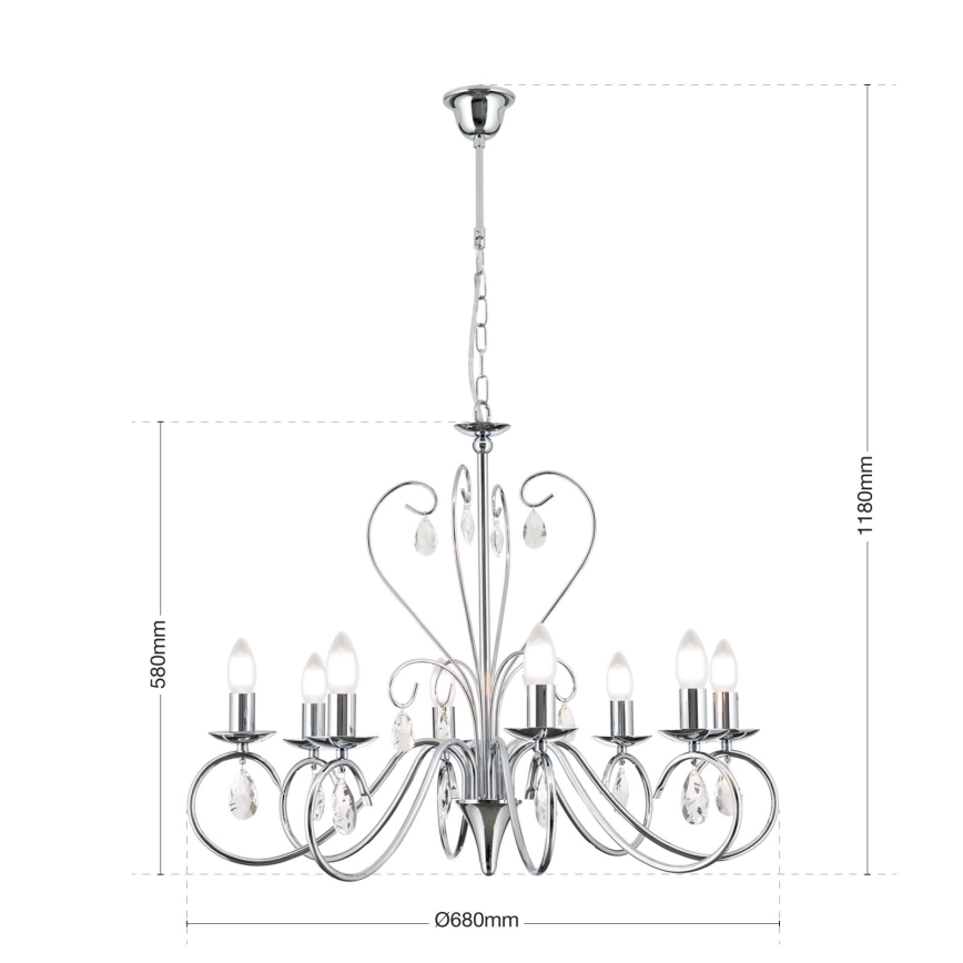 Lampadario di cristallo a sospensione con catena ALESSIA 8xE14/40W/230V cromo lucido