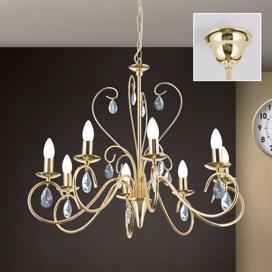 Lampadario di cristallo a sospensione con catena ALESSIA 8xE14/40W/230V oro