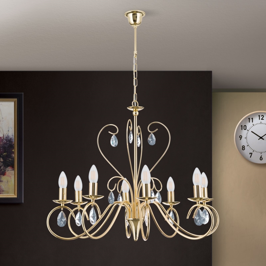 Lampadario di cristallo a sospensione con catena ALESSIA 8xE14/40W/230V oro