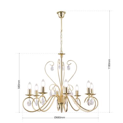 Lampadario di cristallo a sospensione con catena ALESSIA 8xE14/40W/230V oro