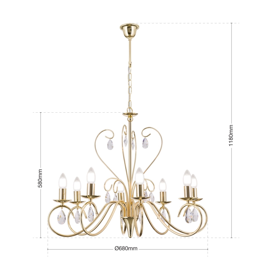 Lampadario di cristallo a sospensione con catena ALESSIA 8xE14/40W/230V oro