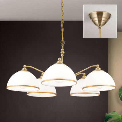 Lampadario a sospensione con catena OLD LAMP 5xE27/40W/230V diametro 75 cm bianco/ottone