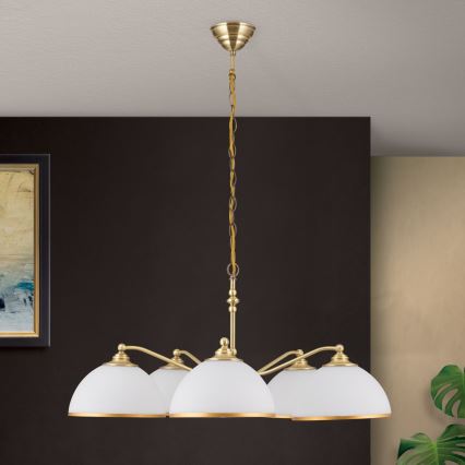 Lampadario a sospensione con catena OLD LAMP 5xE27/40W/230V diametro 75 cm bianco/ottone