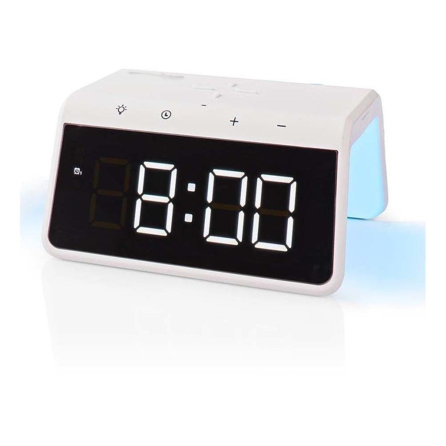 Orologio a sveglia con display LCD e senza fili caricatore 15W/230V 1x CR2032 bianco