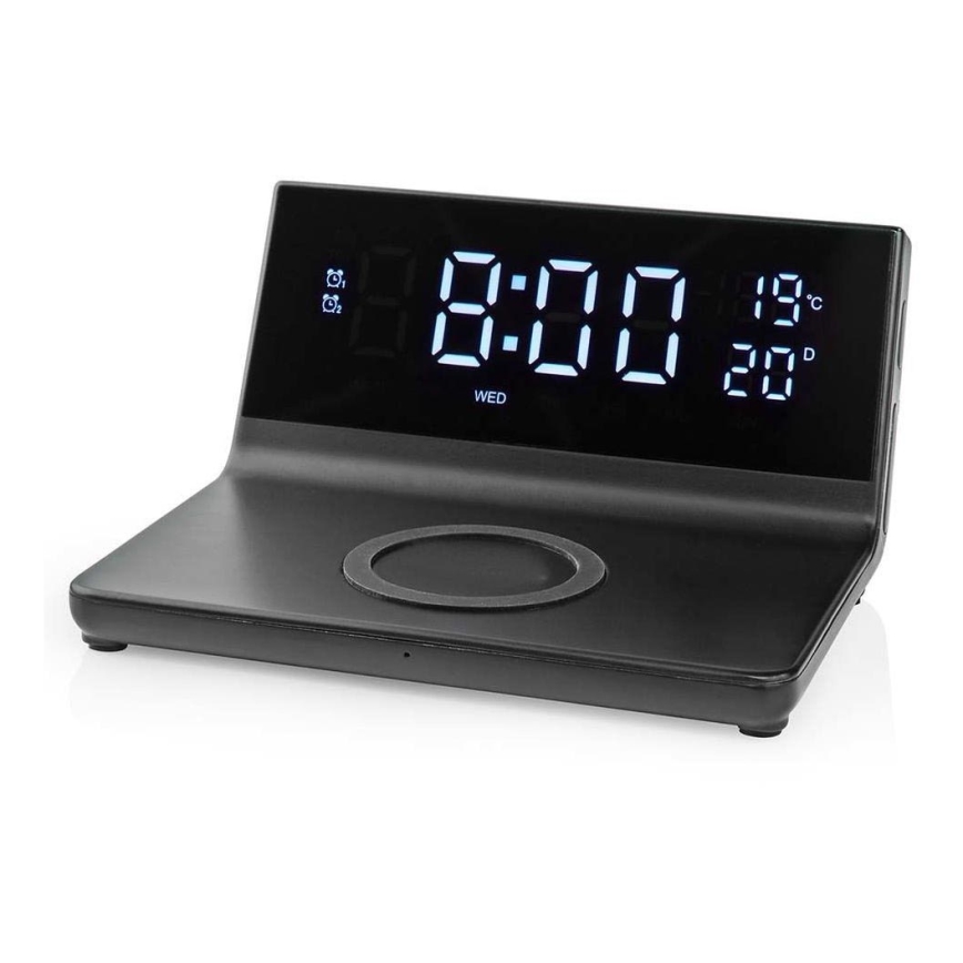 Orologio a sveglia con display LCD e senza fili caricatore 15W/230V + 1xCR2032 nero