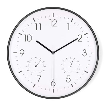 Orologio da parete con termometro e igrometro, Ø 30,5 cm, 1x AA, nero