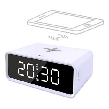 Orologio digitale con ricarica wireless Qi, alimentazione 230V e batteria tampone CR2032, bianco