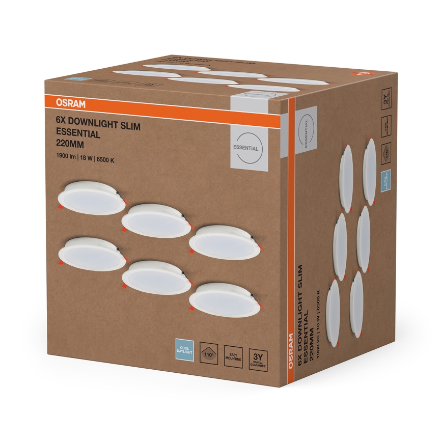 Osram - Set da 6 faretti da incasso LED ESSENTIAL, 18 W, 230 V, 6500 K, Ø 22 cm, bianco