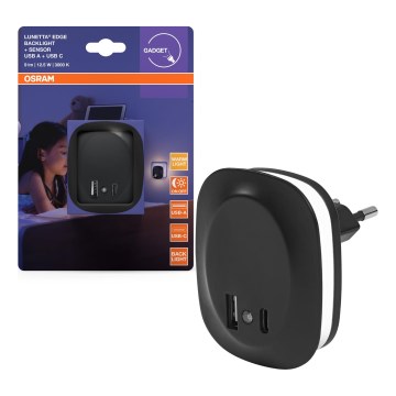 Osram - Lampada da notte LED da inserire nella presa con sensore e porta USB LUNETTA LED/12,5W/230V nera