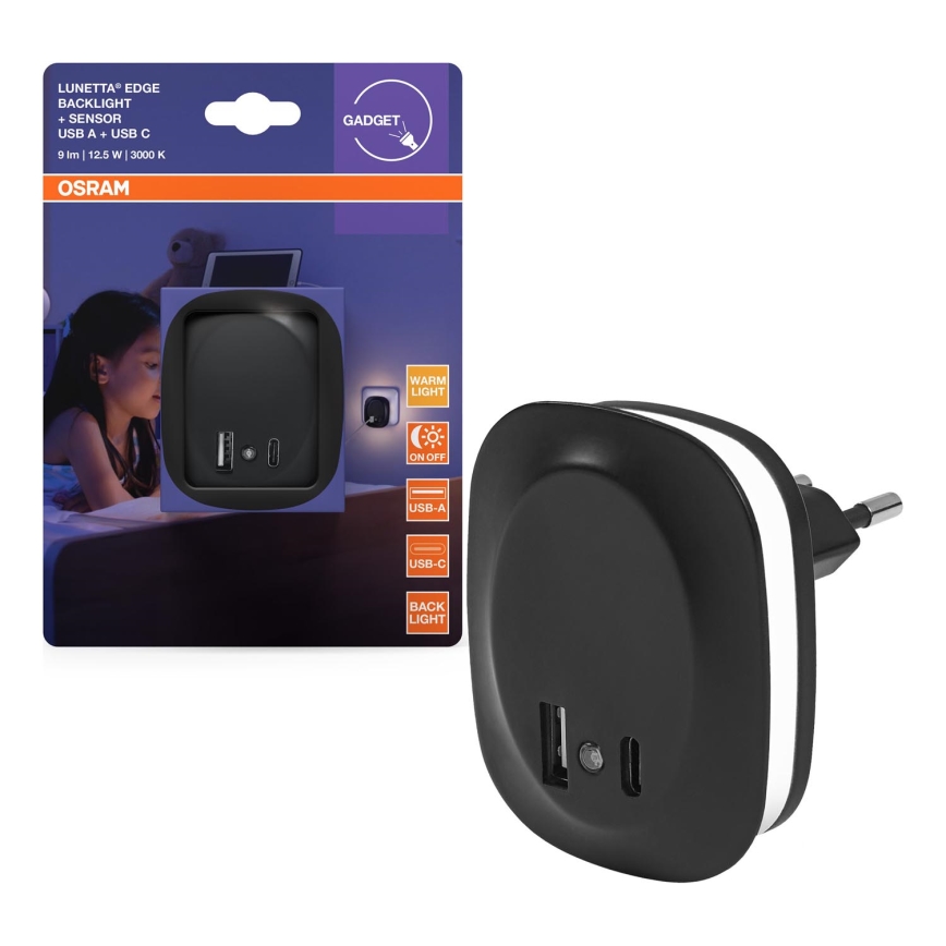 Osram - Lampada da notte LED da inserire nella presa con sensore e porta USB LUNETTA LED/12,5W/230V nera