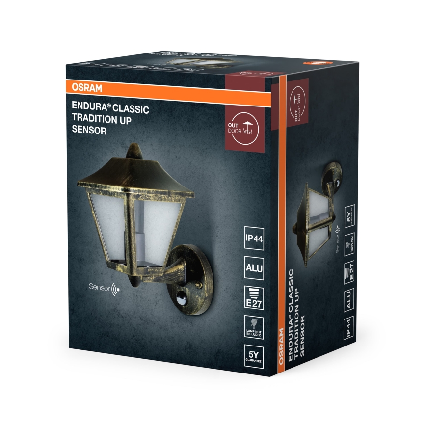Osram - Lampada da parete per esterni con sensore TRADITION UP 1xE27/60W/230V IP44 patina/oro