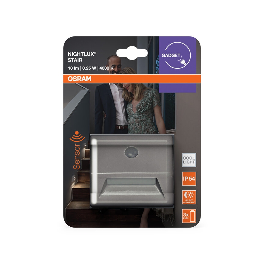 Osram - Lampada LED per scale con sensore NIGHTLUX LED/0,25W/3xAAA IP54 argento