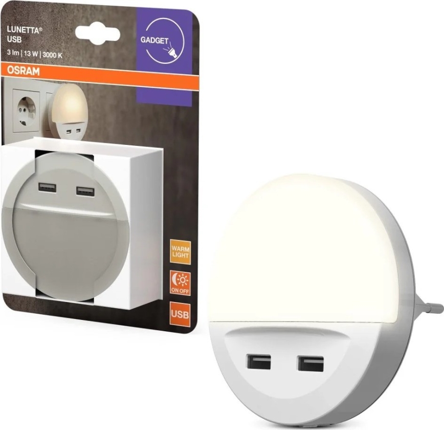 Osram - Luce notturna a LED da presa con sensore LUNETTA 2xUSB LED/13W/230V