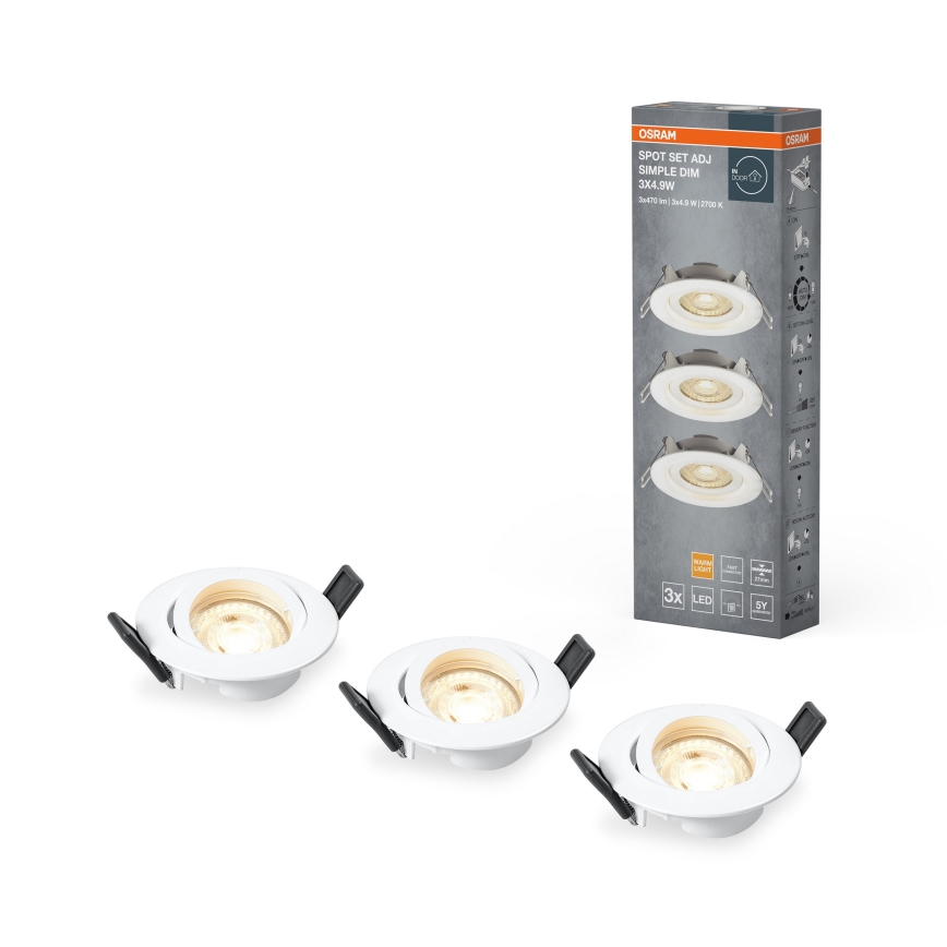 Osram - Set 3x faretti LED da incasso dimmerabili SPOT LED/4,9W/230V 2700K Ø 8,7 cm bianco