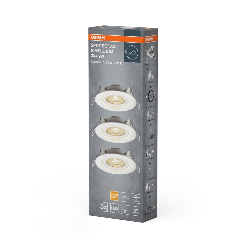 Osram - Set 3x faretti LED da incasso dimmerabili SPOT LED/4,9W/230V 2700K Ø 8,7 cm bianco