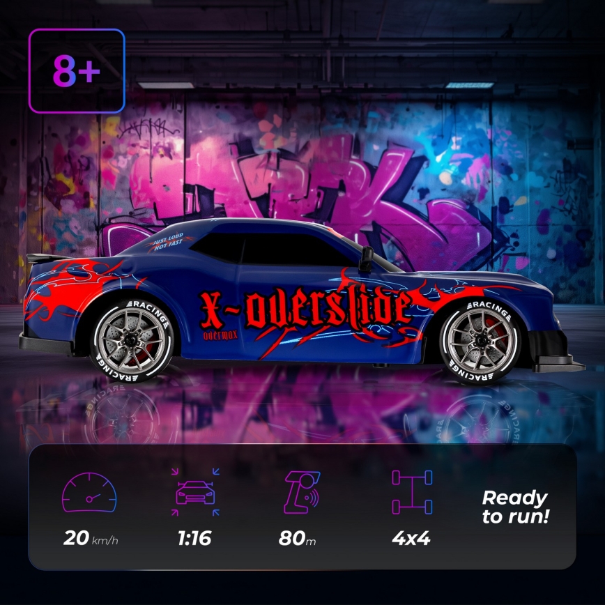 Overmax - Auto da drift radiocomandata X-OVERSLIDE 1000 mAh nero/verde/blu/rosso