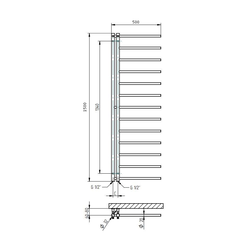P.M.H. AP2C - Scaldasalviette a scaletta per bagno APOLLO 219 W 150 cm destro/cromato lucido