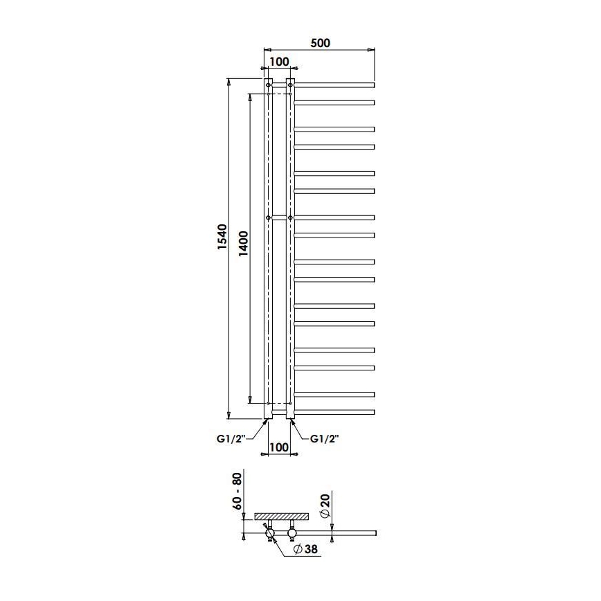 P.M.H. T2C - Scaldasalviette a scala per bagno THEIA 352W 154 cm lato destro/cromo lucido
