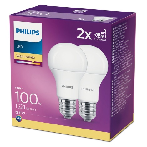 PACK 2x Lampadine LED Philips A60 E27/13W/230V 2,700K