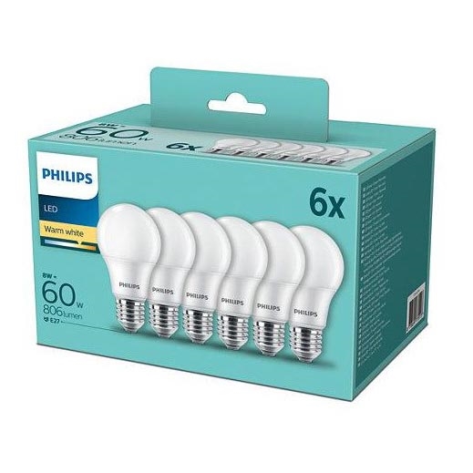 PACK 6x Lampadine LED Philips A60 E27/8W/230V 2,700K