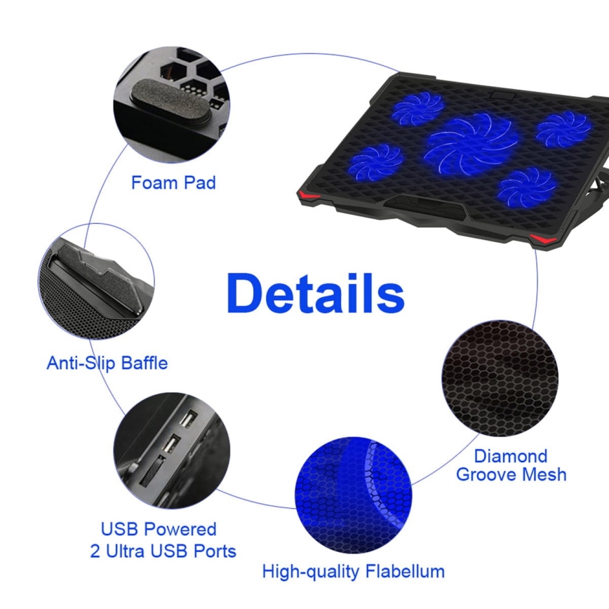 Pad di raffreddamento per laptop 5x ventole 2xUSB nero