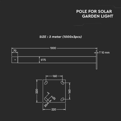 Palo in metallo con supporto per luce solare 3 m