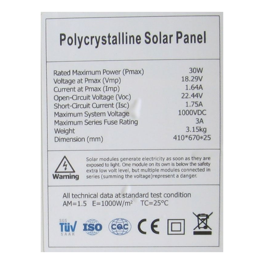Pannello fotovoltaico policristallino 30 W / 12 V