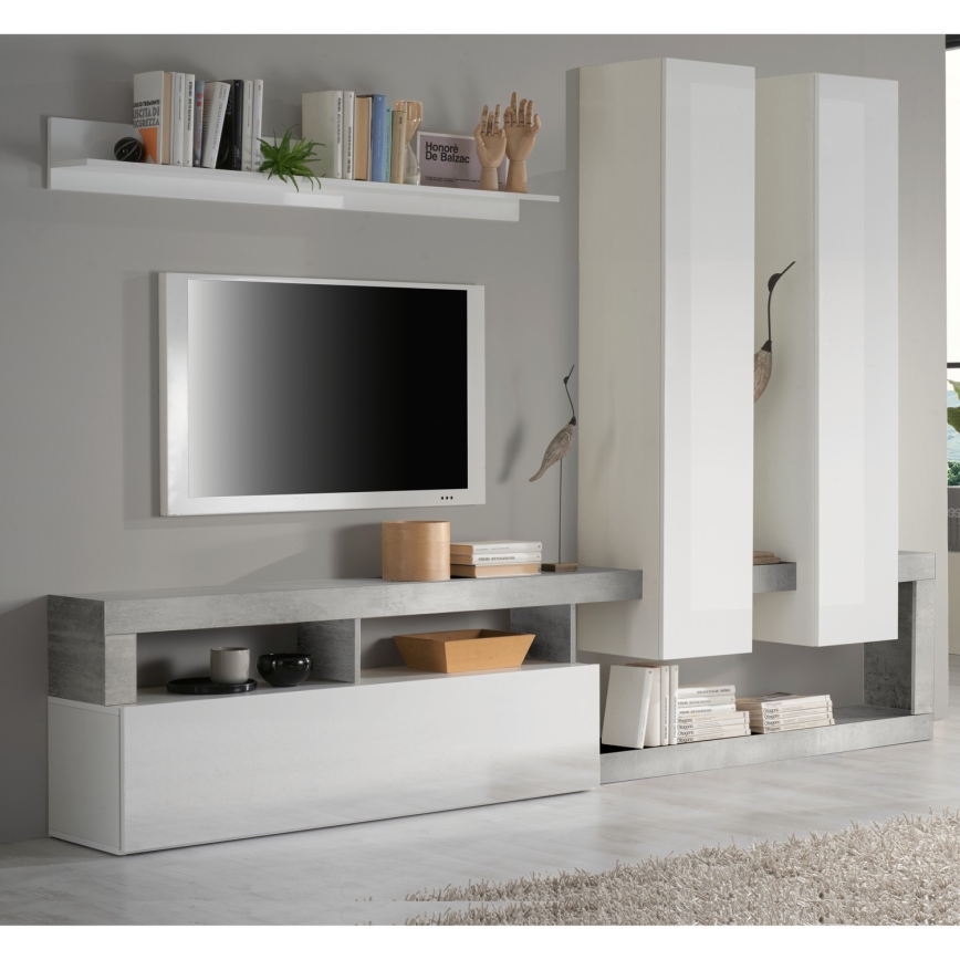 Parete attrezzata LENOR bianco/grigio effetto cemento