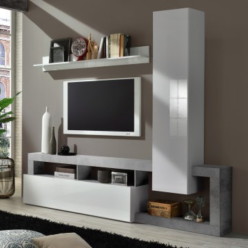Parete attrezzata LENOR bianco/grigio effetto cemento