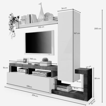 Parete attrezzata LENOR bianco/grigio effetto cemento