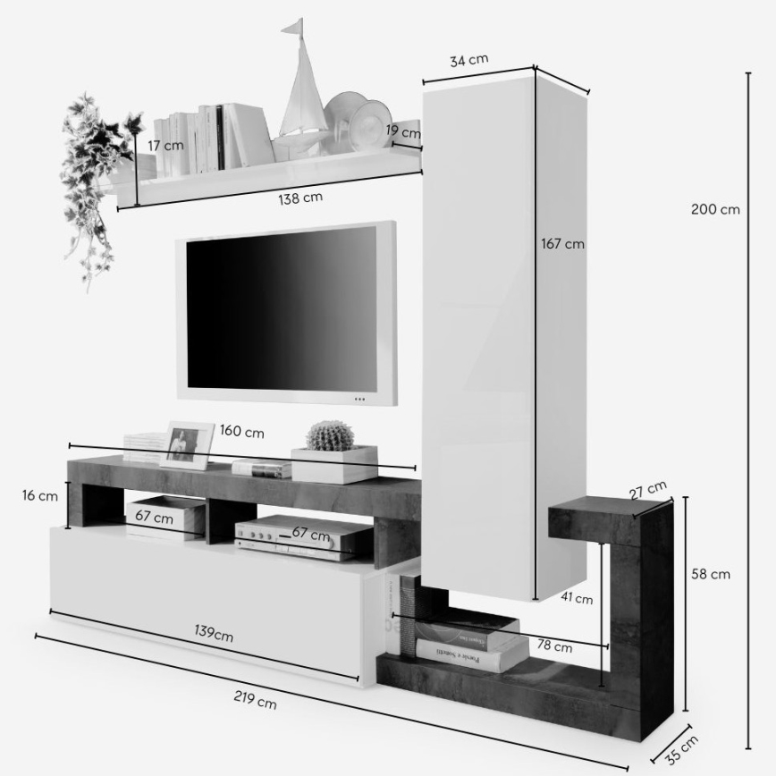 Parete attrezzata LENOR bianco/grigio effetto cemento
