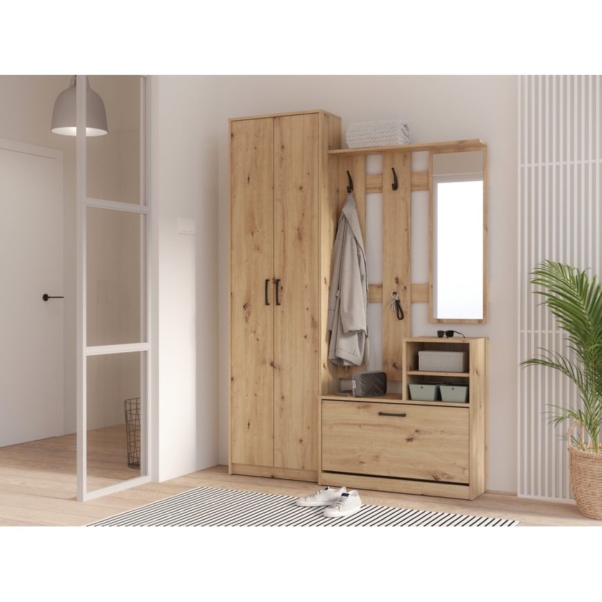 Parete attrezzata per ingresso con specchio KAVI, rovere artisan