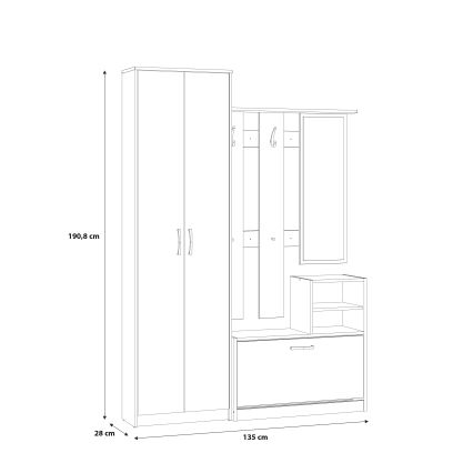 Parete attrezzata per ingresso con specchio KAVI, rovere artisan
