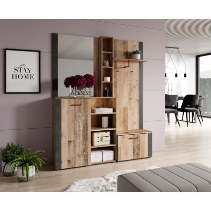 Parete attrezzata per ingresso con specchio KEVIN marrone/nero