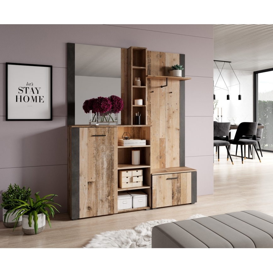 Parete attrezzata per ingresso con specchio KEVIN marrone/nero