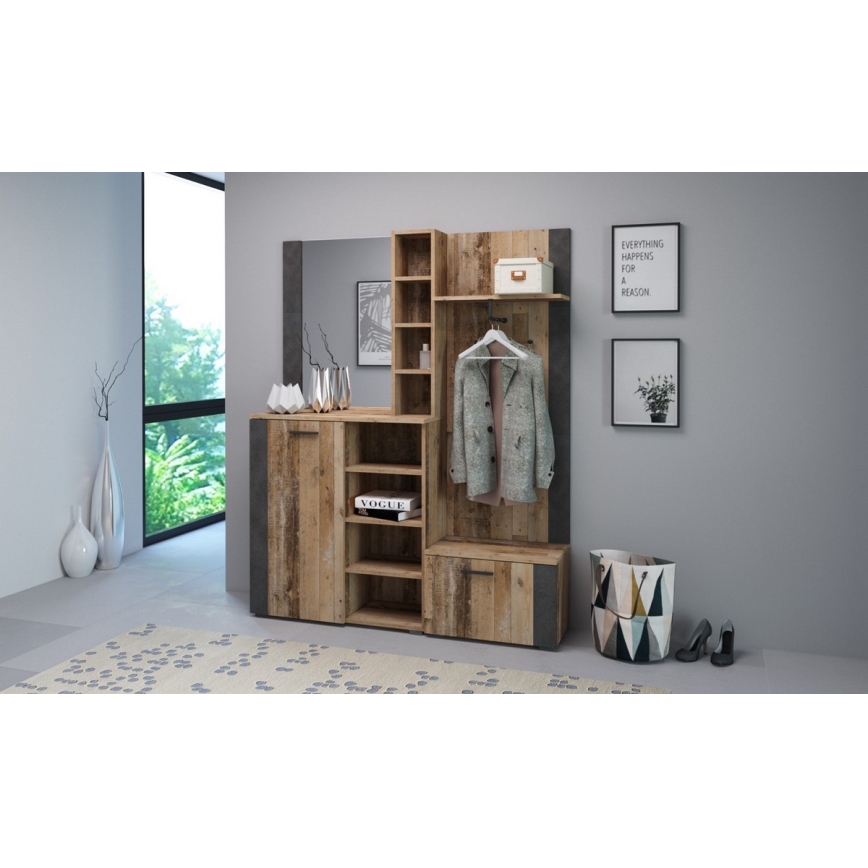 Parete attrezzata per ingresso con specchio KEVIN marrone/nero