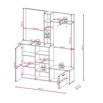 Parete attrezzata per ingresso con specchio KEVIN marrone/nero
